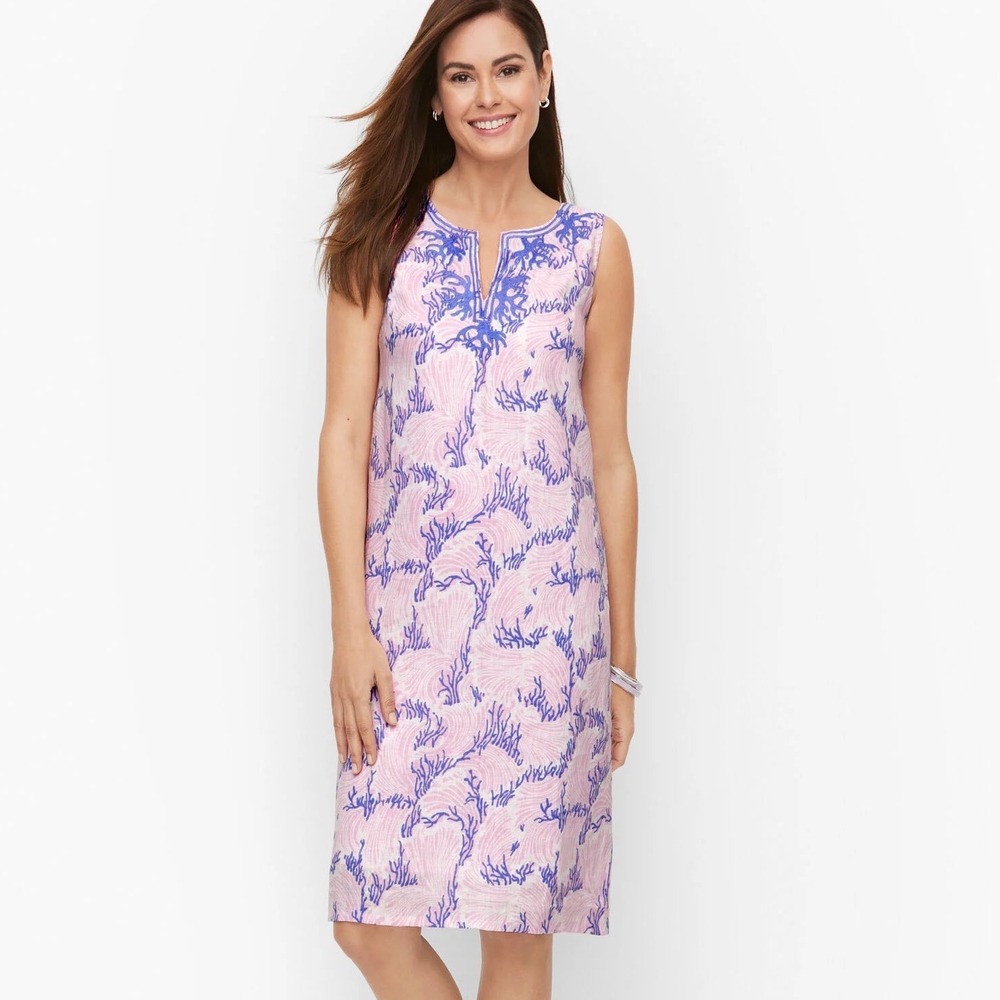 Talbots Petite Pink Coral Print Linen‎ Embroidered Shift Dress 8P Sleeveless